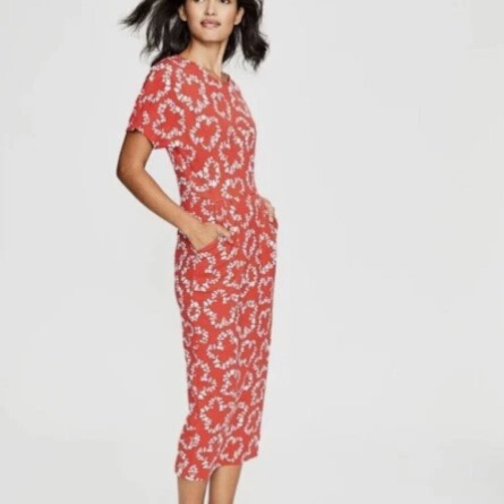 Boden Red & White Floral Vanessa Jersey Midi Dress Short Sleeves Pockets Pleated